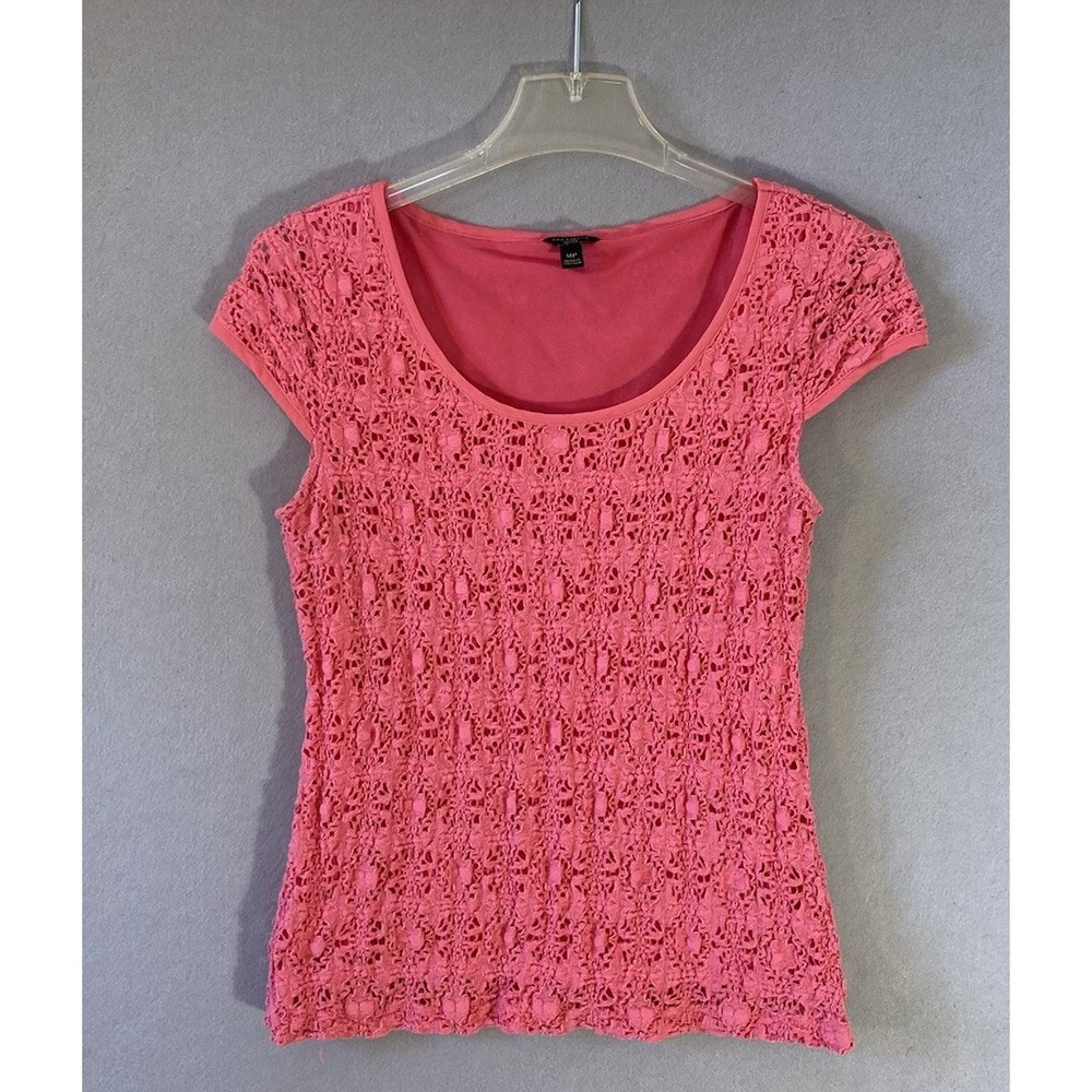 Ann Taylor Petite Medium Crochet Lace Pink Lined Pullover Shirt Top